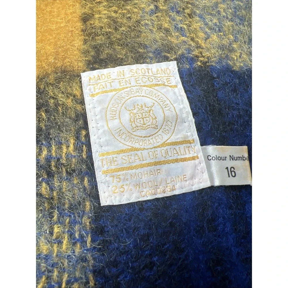 VTG Hudson's Bay Company Mohair/Wool Plaid Throw Blue Yellow Gold 55